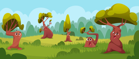 Obraz na płótnie Canvas Fantasy tree background. Fairytale old tree with emotions exact vector cartoon template
