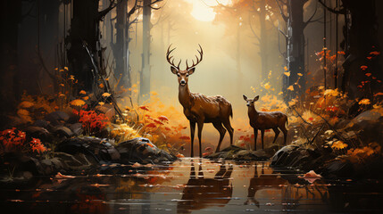Enchanting wildlife: A family of deer gracefully roaming through a mystical forest at dawn, evoking tranquility and harmony with nature