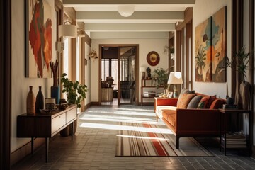 Eclectic Fusion: A hallway with a mix of vintage and modern elements, showcasing an array of art and decor. Generative AI