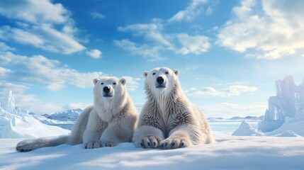 A polar bear relaxes on drift ice. Two animals are playing in the snow.