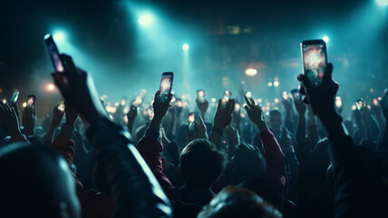 A crowd of people at a live event, concert or party holding hands and smartphones up