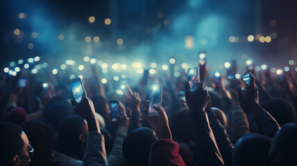 Fototapeta na wymiar A crowd of people at a live event, concert or party holding hands and smartphones up