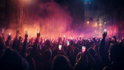 Fototapeta na wymiar A crowd of people at a live event, concert or party holding hands and smartphones up