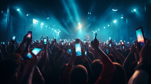 A crowd of people at a live event, concert or party holding hands and smartphones up