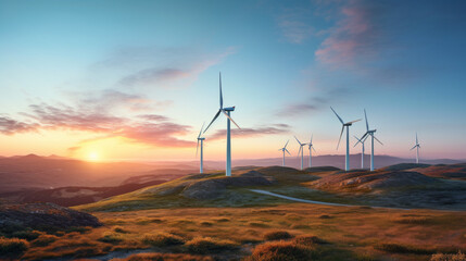 Picturesque wind turbines on a colorful sunrise