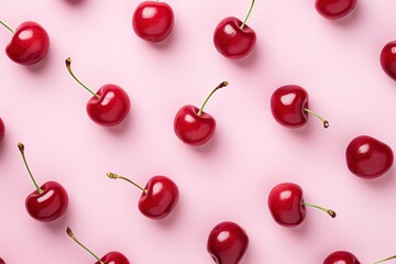 Delicious healthy cherries on a pastel background. Flat lay photo