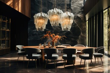 Sophisticated Dining Space: Crystal Chandelier, Marble Table, and Velvet Upholstered Chairs Creating Modern Elegance. Generative AI