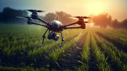 Fototapeta premium Drone flying and spraying fertilizer on the agriculture fields
