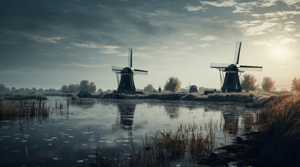 Fototapeta na wymiar Picturesque windmills on a peaceful lake