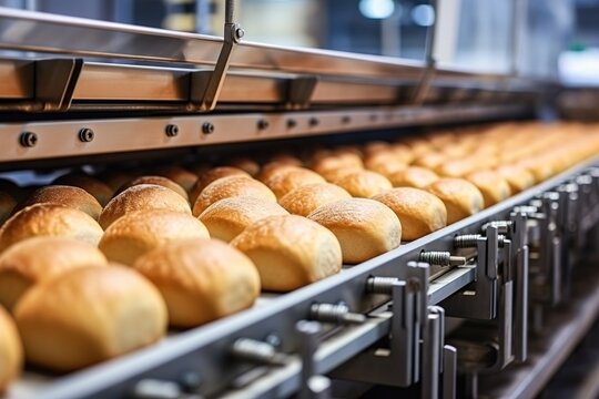 Fresh, just-baked rolls on a production line. Industrial bread baking