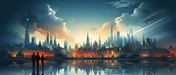 Fototapeta premium illustration teamwork of A group of people stand in front of a cityscape