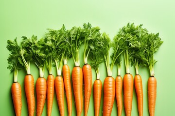 Few fresh healthy carrots on a pastel background. Flat lay photo