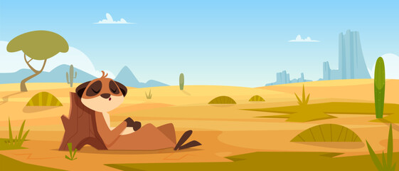 African background. Meerkats standing in tropical landscape exact vector meerkats collection