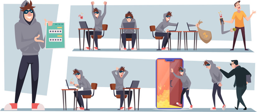 Hacker. Masked online hacker steals money firewall destroyed exact vector illustration in cartoon style