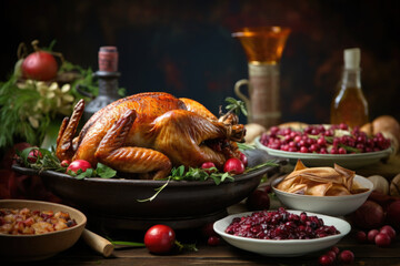 Dinner table with roasted turkey for Thanksgiving celebration. Traditional american meal for holiday, top view
