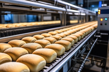 Fresh, just-baked rolls on a production line. Industrial bread baking