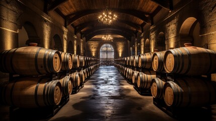 Wine barrels in wine vaults, Wine or whiskey barrels.