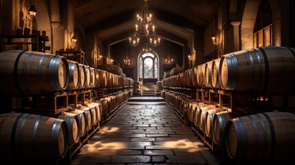 Wine barrels in wine vaults, Wine or whiskey barrels.