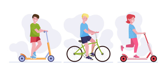 Happy kids with personal transport vector illustrations set. Collection of cartoon drawings of children on kick scooters and bicycle or bike. Childhood, transportation, mobility, leisure concept