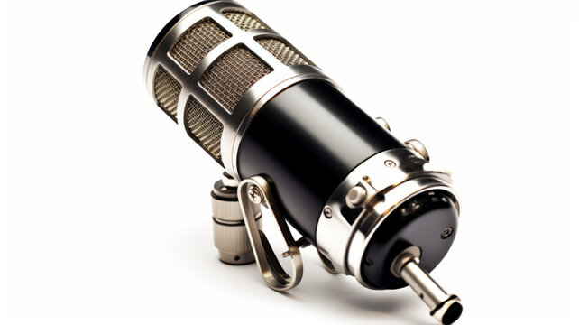 photograph of Studio condenser microphone on white background.