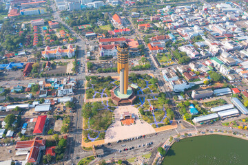 Aerial view of Roi Et tower, tourist attraction landmark. Urban housing development from above. Top view. Real estate in city, Thailand. Property real estate.