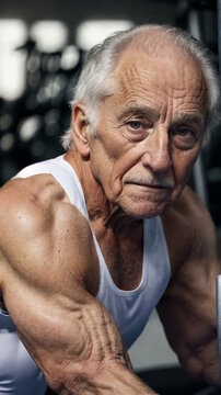 Elderly muscular man close-up. Elderly man in the gym. Generative AI