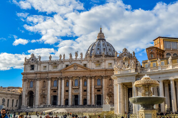 The Papal Basilica of Saint Peter in the Vatican, or simply Saint Peter's Basilica is a renaissance style church in Vatican in Rome , Italy - obrazy, fototapety, plakaty