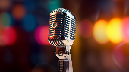 Fototapeta na wymiar photograph of A classic musical microphone on blur colorful background.generative ai