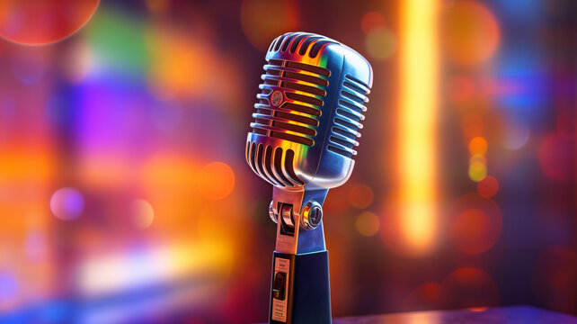 photograph of A classic musical microphone on blur colorful background.generative ai