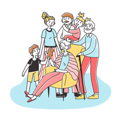 Large family around grandmother in chair vector illustration. Cartoon drawing of happy parents, grandparents and children gathered together. Family, communication, elderly care concept