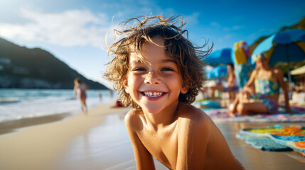 Naklejka premium Child on the beach. Little Happy boy. Beautiful sea or ocean