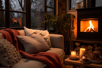 Detailed view of a cozy tiny home living room, fireplace burning, comfortable cushions, minimalist aestheti