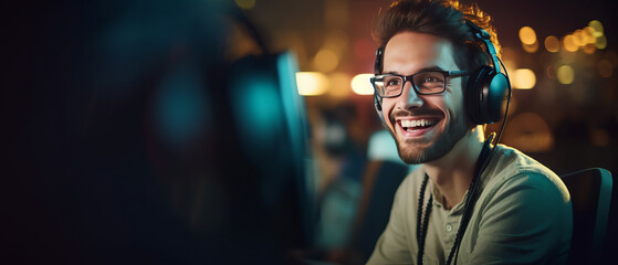 Obraz premium portrait call center man wearing headphone smiled working with staffs people generative ai