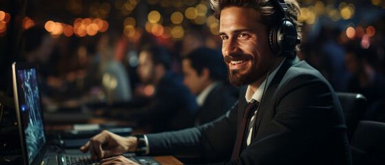 portrait call center man wearing headphone smiled working with staffs people,generative ai