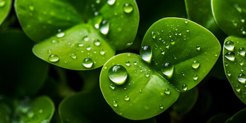 water droplets on microgreen leaves, illuminated by a soft light, showcasing the details and texture of the leaves - Powered by Adobe