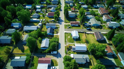Top - down aerial view of a tiny home community, harmonious layout, lush green surroundings