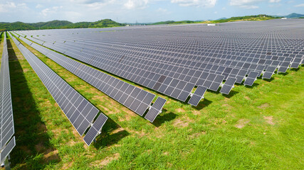 Drone footage of solar farm with trackers