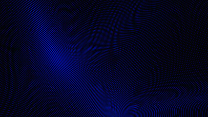 Abstract background with wavy surface made of blue dots on black. Grunge halftone background with dots. Abstract digital wave of particles. Futuristic point wave. Technology background vector