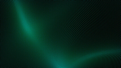 Abstract background with wavy surface made of bright blue dots on black. Grunge halftone background with dots. Abstract digital wave of particles. Futuristic point wave. Technology background vector