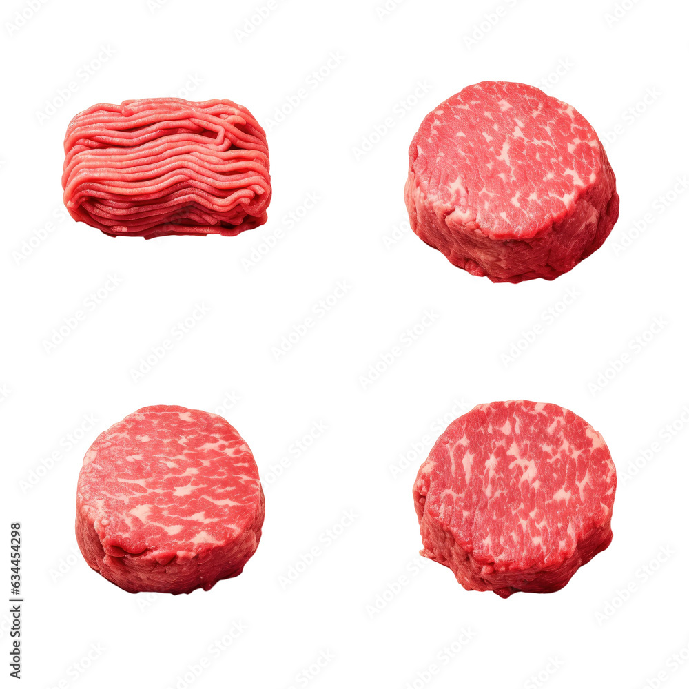 Poster various angles of uncooked ground beef displayed on a transparent background