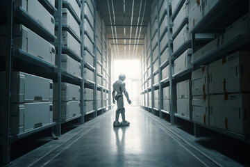 Fototapeta premium Future Technology Concept: Robots .Logistics Center. Automated Guided Vehicles Goods, Products, Packages