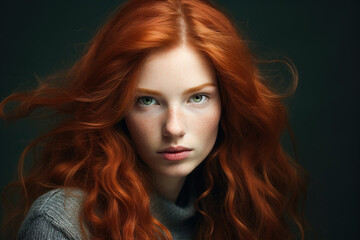 Fototapeta premium Portrait of a beautiful red-haired woman, the concept of youth and a beautiful hairstyle