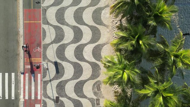 Top View of Copacabana Mosaic Sidewalk and Palm Trees at the Beach in Rio de Janeiro, Brazil