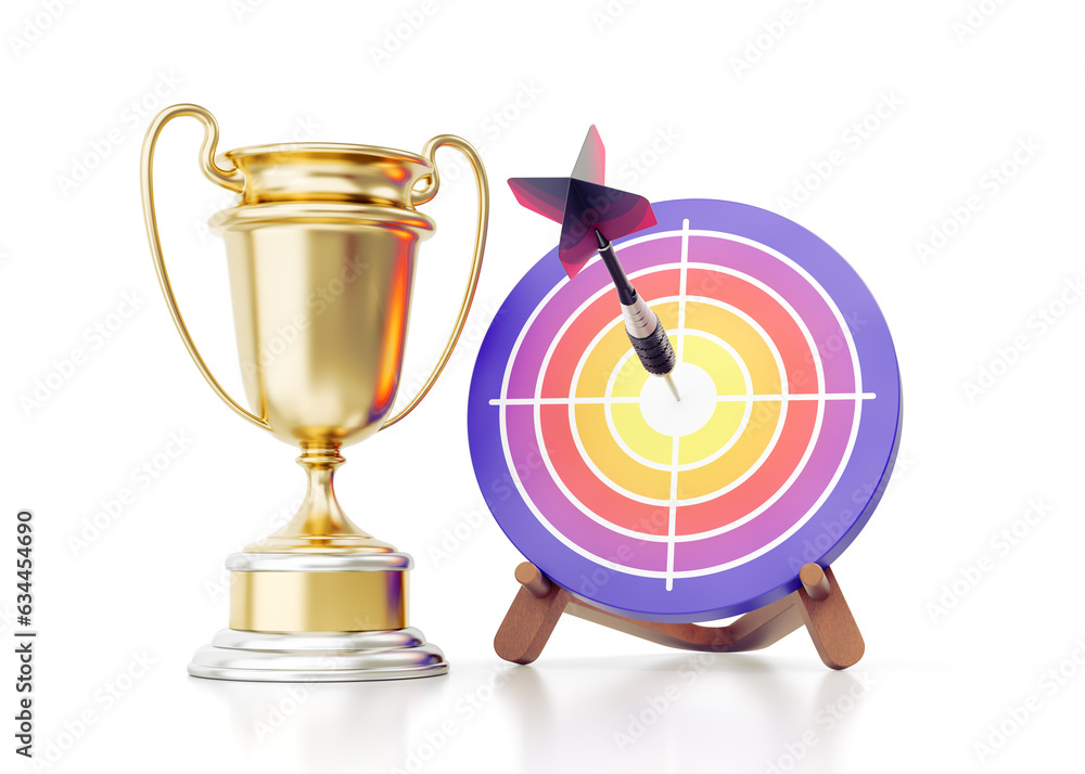 Poster winner's award. an award cup beside a dartboard fixed on a wooden stand. there is also a dart sticki