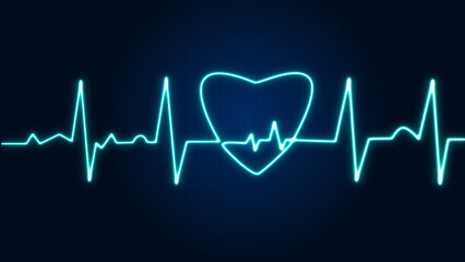 Blue neon heartbeat with love shaped isolated on blue grid background. Medical concept and ecg pulse line graph