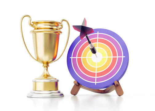 Winner's Award. An award cup beside a dartboard fixed on a wooden stand. There is also a dart sticking out from the center of the dartboard. 3D rendering graphics on the theme of Sports Competitions.
