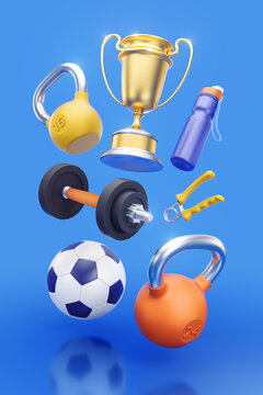 Winner's Sports and Fitness Things. An award cup in surrounding of  workout equipment are levitating in the air on reflective blue background. 3D rendering graphics on the theme of Sports and Fitness.