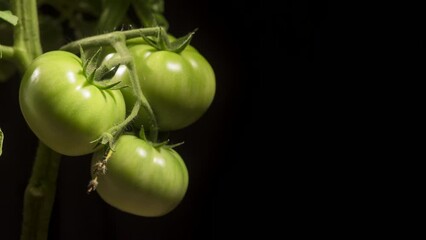 Several tomatoes ripen on a bush. Enlarge and redden. Several weeks of time lapse