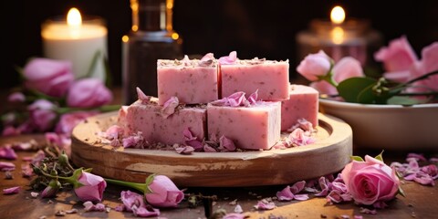 Pink handmade soap from flowers, roses, natural herbs, beautiful pink background. Generative AI