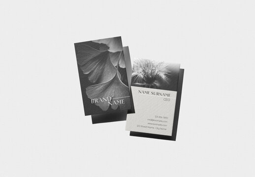 Mockup of two customizable vertical EU business cards 85 x 55mm with customizable background